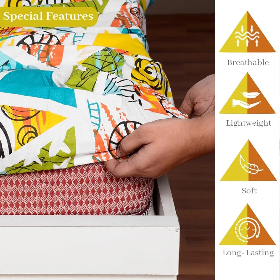 Divine Casa 144 TC Cotton Geometric Print Queen Size Double Bed Elastic Fitted Bedsheet with 2 Pillow Cover Colour Sunny Lime Punch