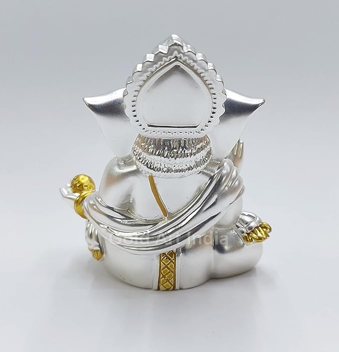 Gold Art India Matte Silver Plated Gaddi Ganesh Idol For Car Dashboard Small Ganesha Murti