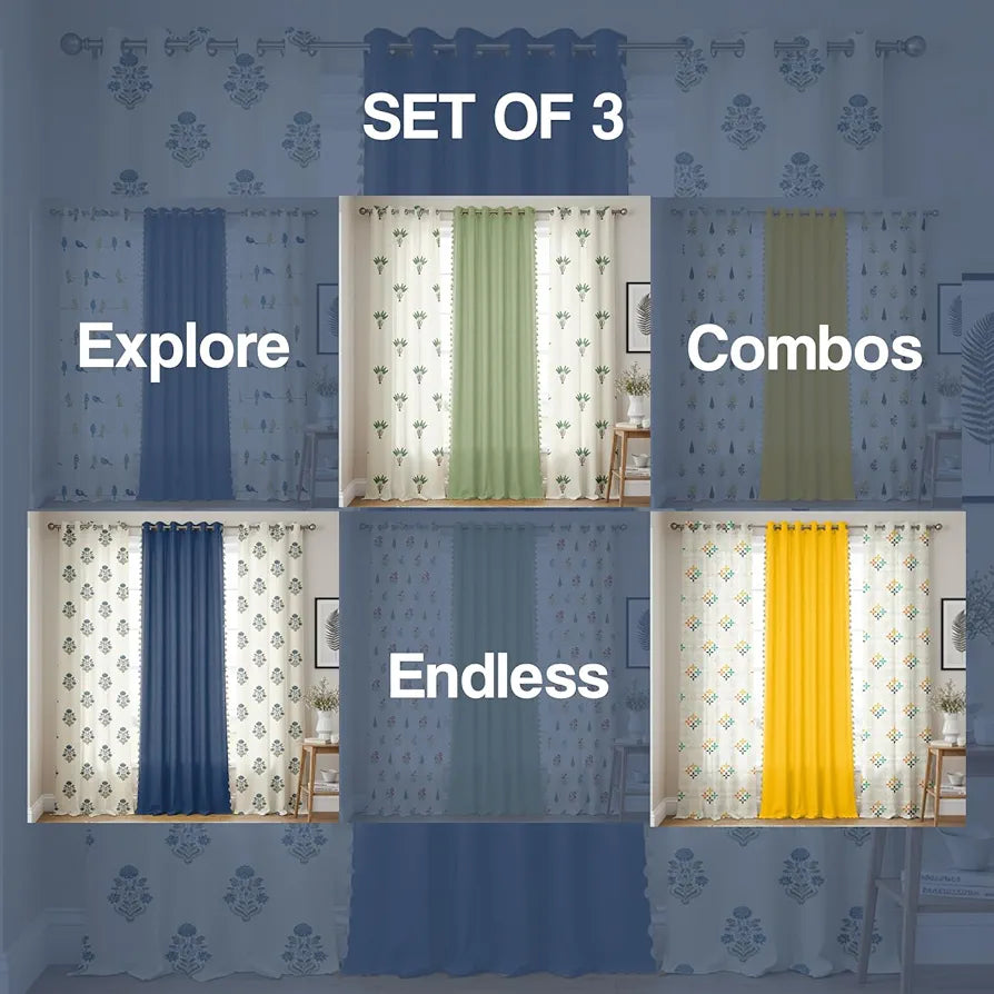 Urban Space Cotton Curtains for Door Combo Set of 3 Curtains 7 feet Long Room Darkening Curtain Tieback & Eyelets Included with Curtains Liberty Blue & Aura Indigo