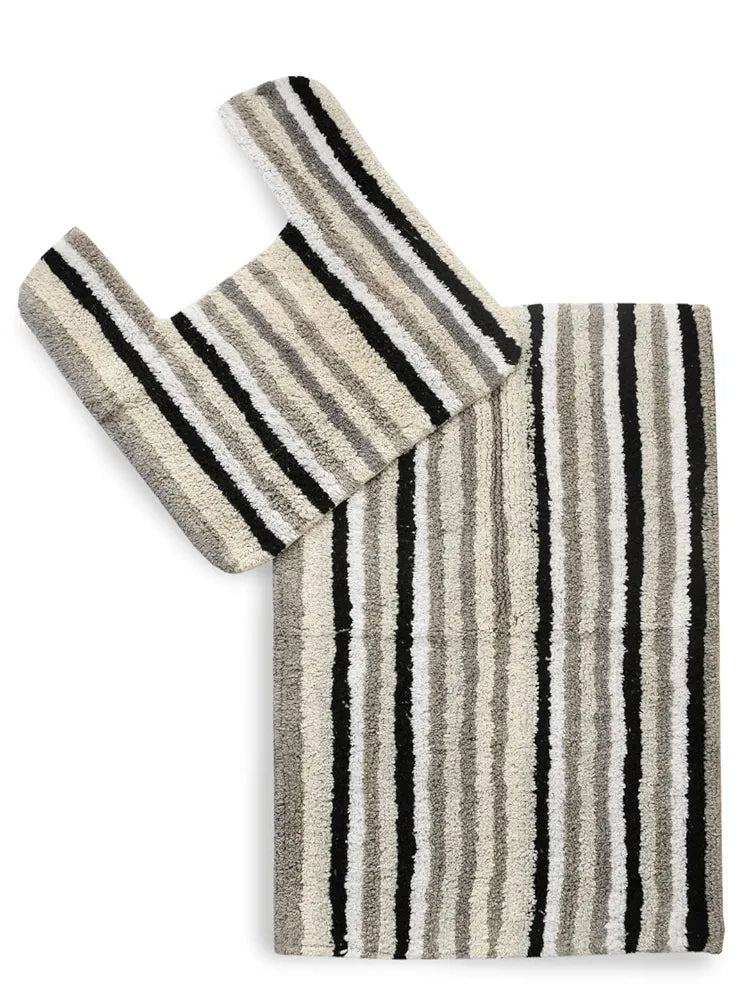 Sashaa World Striped Anti-skid Bathmat & Contour Set Colour Black White & Grey
