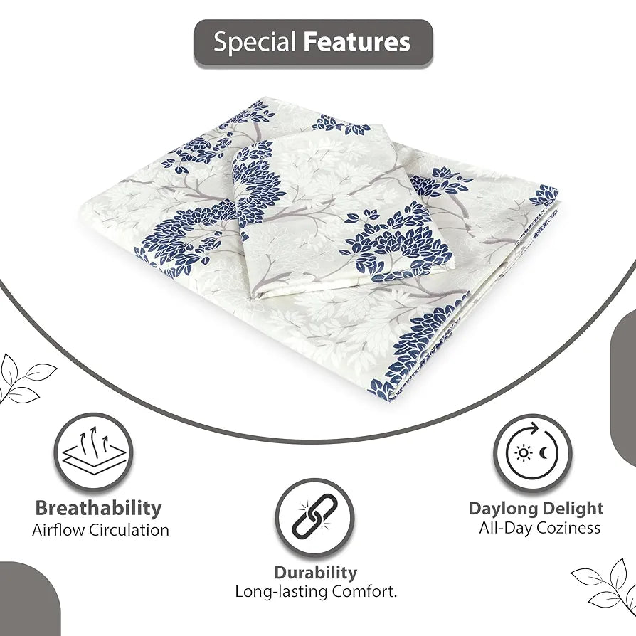 Divine Casa 144 TC 100% Cotton Double Bedsheet with 2 Pillow Covers Floral Pattern Colour Grey Blue