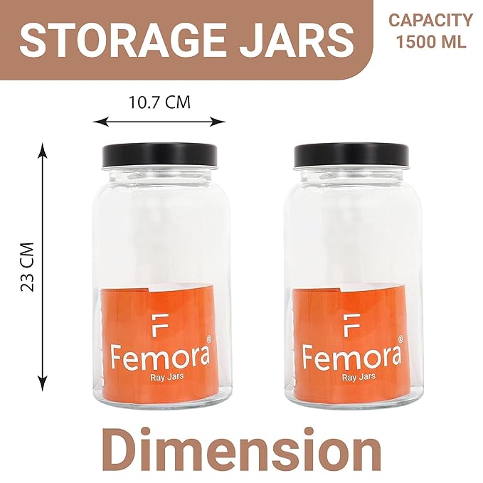 Femora Kitchen Storage Jars Clear Glass Jar With Steel Lid Air Tight Jar | 1000 Ml | Pack of 2 | Black Lid