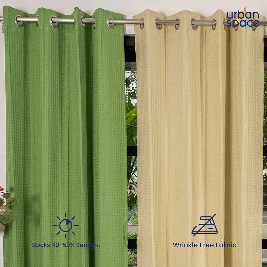 Urban Space Cotton Waffle Weave Curtains for Window Set of 3 Curtains 5 feet Long Room Darkening Tieback & Eyelets Included with Curtains Sage Green & Beige