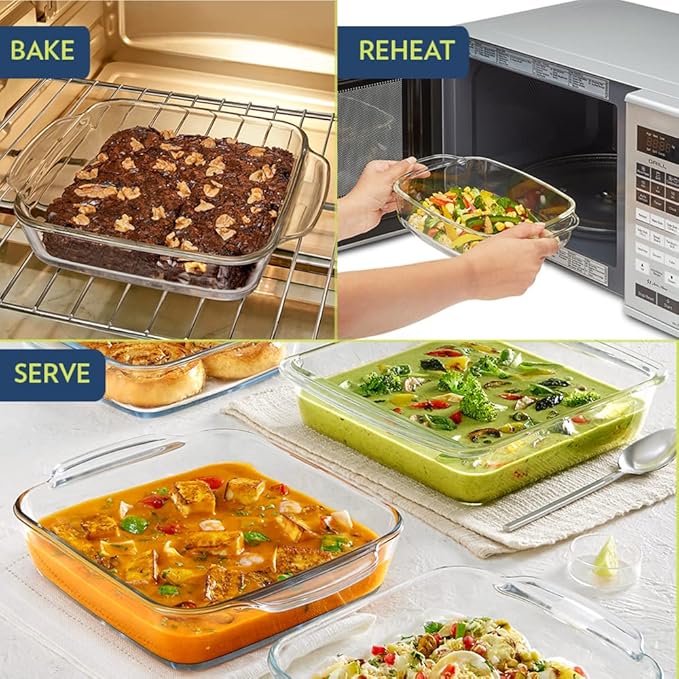 Borosil Glass Baking Dish | 1.6 Litres | Transparent | 1 Piece Square Dish With Handle