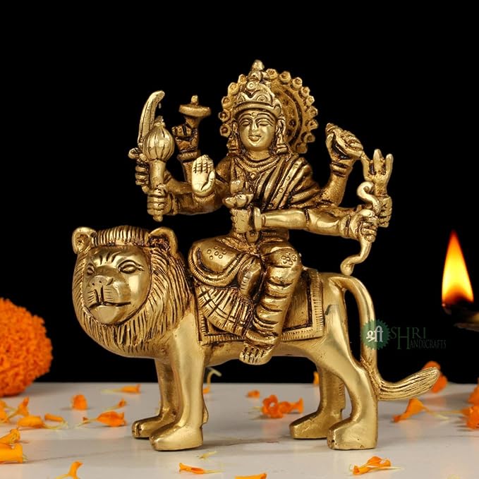 Indicast Brass Maa Durga Idol Sitting on Lion Maa Sherwali Murti for Home Mandir Office Navratra Puja | Height 13 Cms