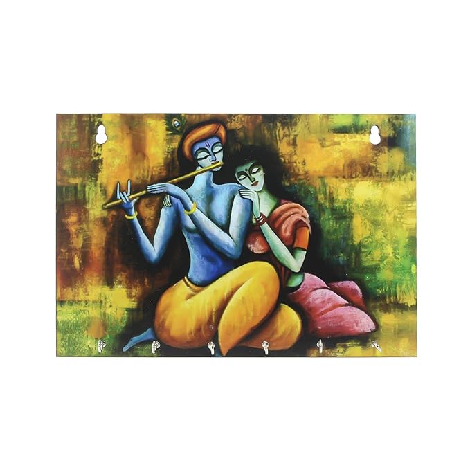 Ecraftindia Radhe Krishna Theme Wooden Key Holder With 6 Hooks