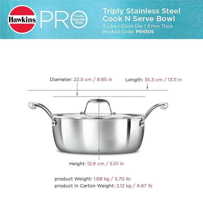 Hawkins 3 Litres Pro Triply Stainless Steel Cook N Serve Bowl With Steel Lid | Silver