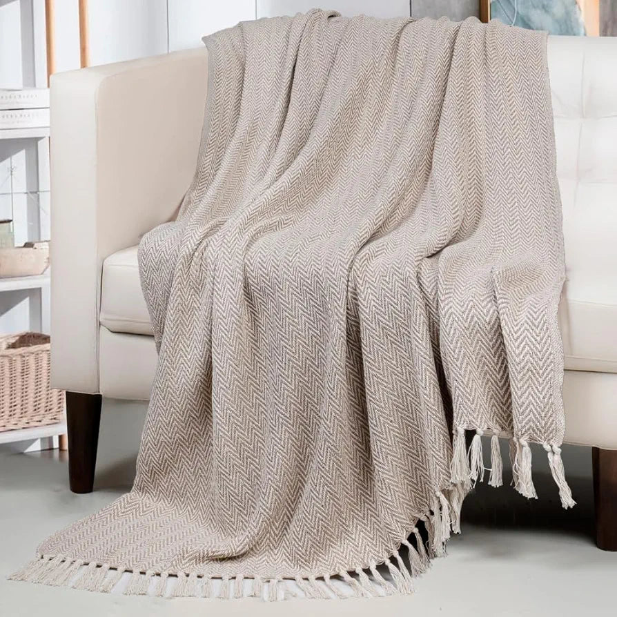 Homadorn All Season Cotton Weaved Throw Blanket Colour Beige
