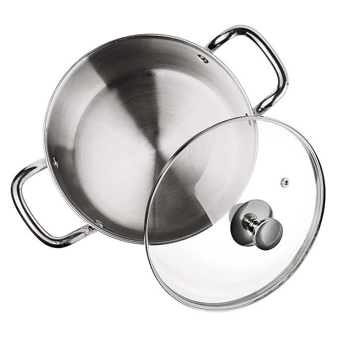 Milton Pro Cook Triply Stainless-Steel Sandwich Bottom Casserole Handi/Stock Pot/Biryani Pot with Glass Lid 24 cm, 5 Litre - 1765 gms