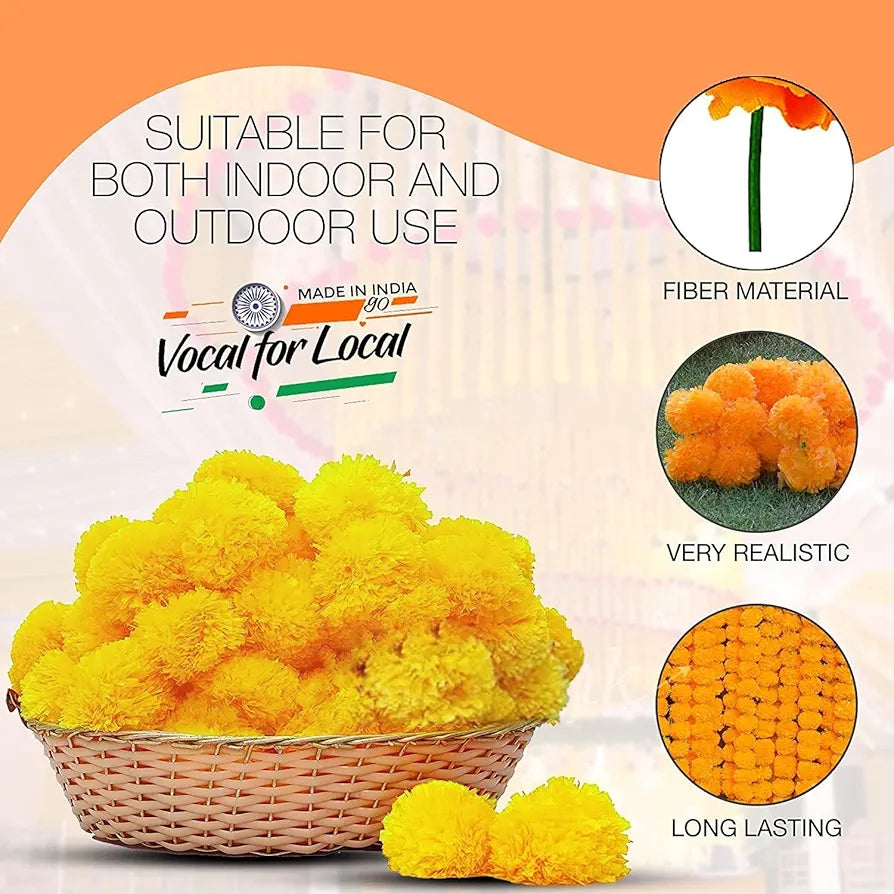 Artificial Marigold Flowers for Decoration Garland with Bell 5 Feet Long yelow - 100pcs(10pkt)