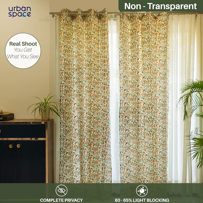 Urban Space Cotton Curtains for Door Set of 2 Curtains with Tieback (Colour Creeper Mustard)