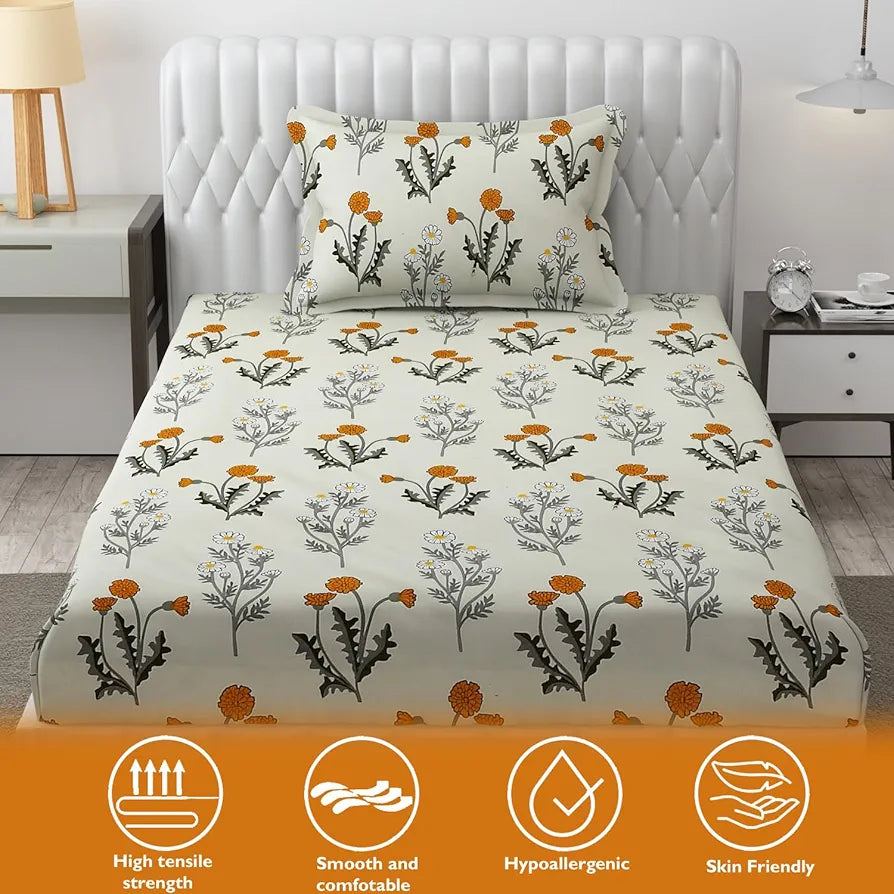 Fresh From Loom Single Bed Microfiber Bedsheet with Floral Print 240 TC Hypoallergenic Includes 1 Pillow Covers Multicolor Daisy-Vanilla