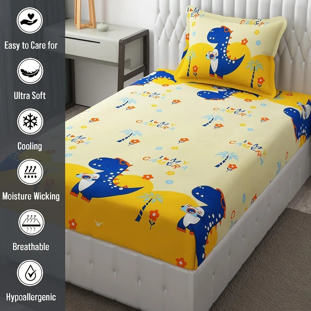 Fresh From Loom Elastic Fitted Bed Sheet Cartoon Printed Bedsheet for Kids 300 TC Multicolor Cream and Blue