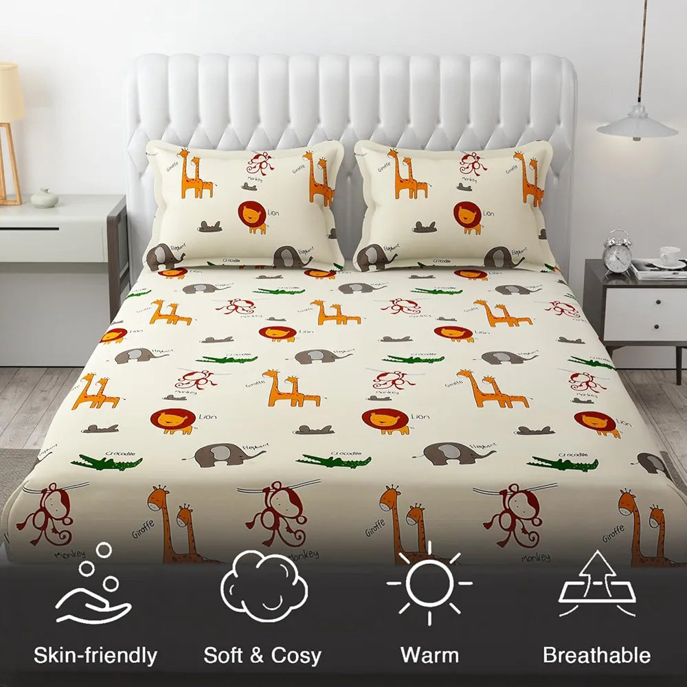 Fresh From Loom Glace Cotton Wrinkle Free Elastic Fitted Bed Sheet with 2 Pillow Cream Animal Double Bed 300 TC