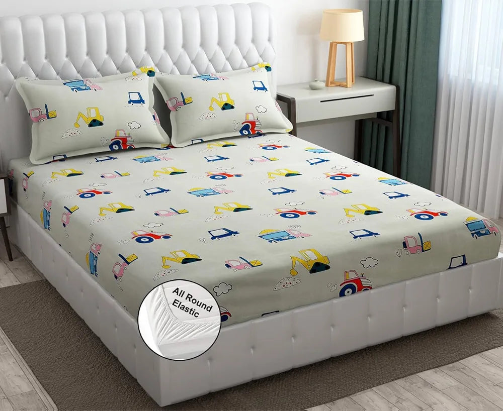 Fresh From Loom Elastic Fitted Bed Sheet with 2 Pillow Cover Cartoon Printed Cream Double Bed 300 TC Cream