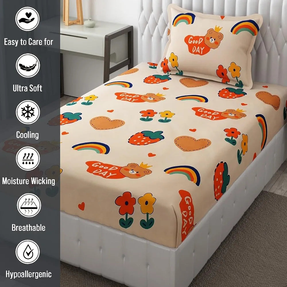 Fresh From Loom Elastic Printed Fitted Bedsheet For Kids For Single Bed With 1 Pillow Cover Small Single Beige 300 TC Pale