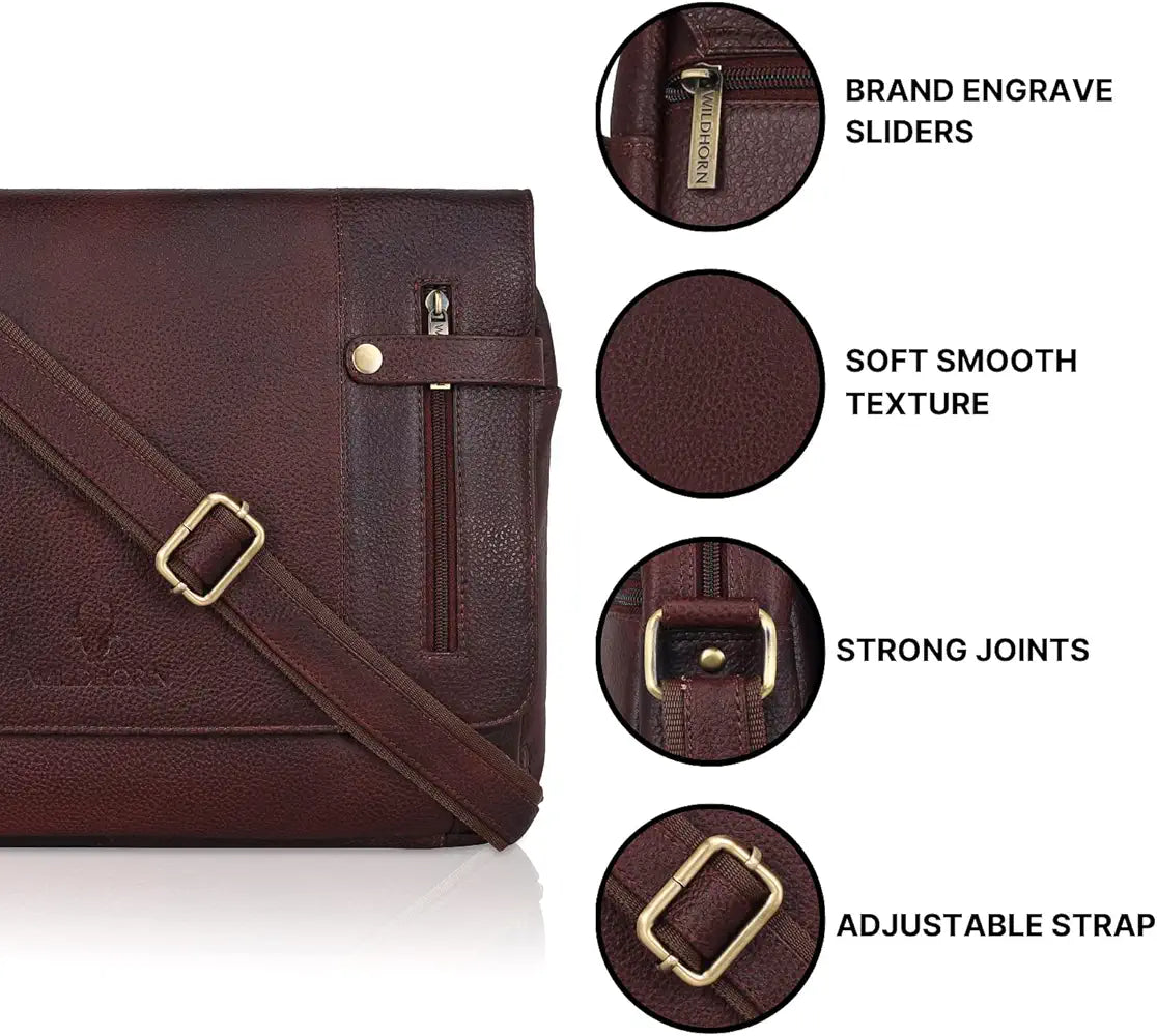WildHorn Leather Messenger Bag for Men/Office Bag for Men I Padded Laptop Compartment with Adjustable Strap I DIMENSION : L-15 inch W-3 inch H-12 inch