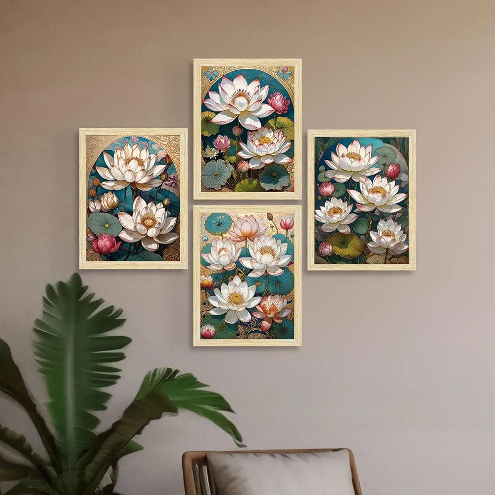 ArtX Paper Lotus Flowers Art Paintings With Frame Multicolor Set of 4