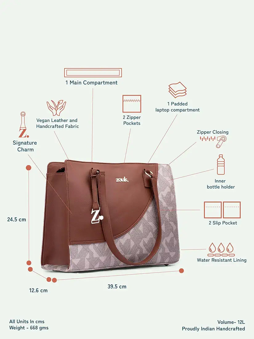 Zouk Women's Office Essential Bag Jute & Vegan Leather Handcrafted