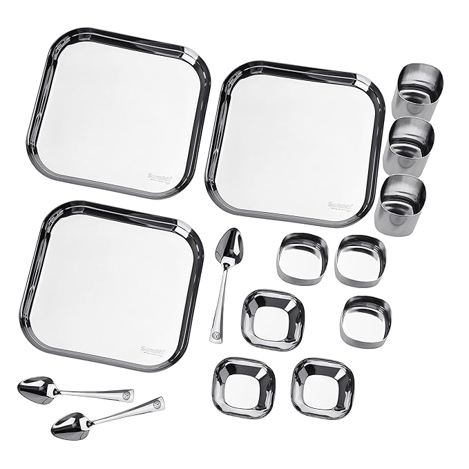 Sumeet Square Stainless Steel Heavy Gauge Mirror Finish Dinner Set of 15 Pc