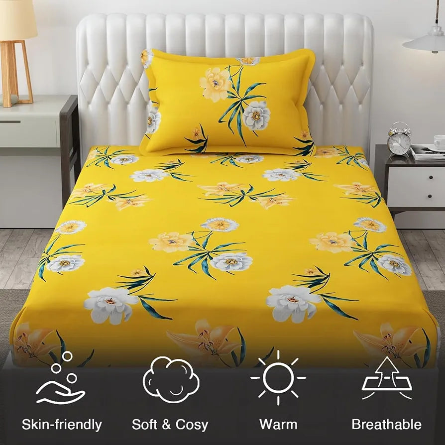 Fresh From Loom Single Bed Floral Design Microfiber Single Bedsheet Bedsheets Bedcover Wrinkle Free Includes 1 Pillow Covers 144 TC Peach Yellow