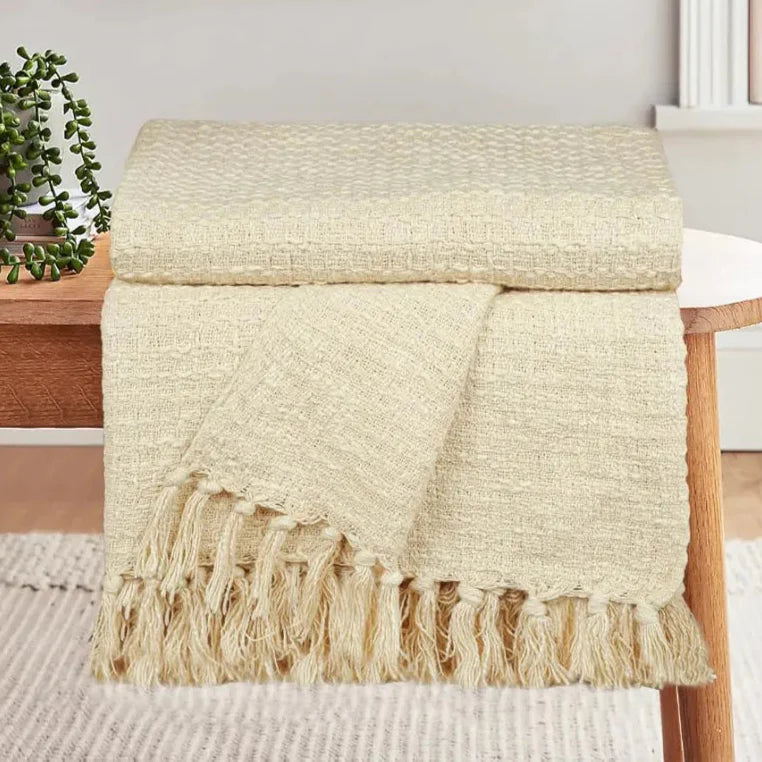 Homadorn Waffle 100% Cotton Throw Blanket Colour Off White