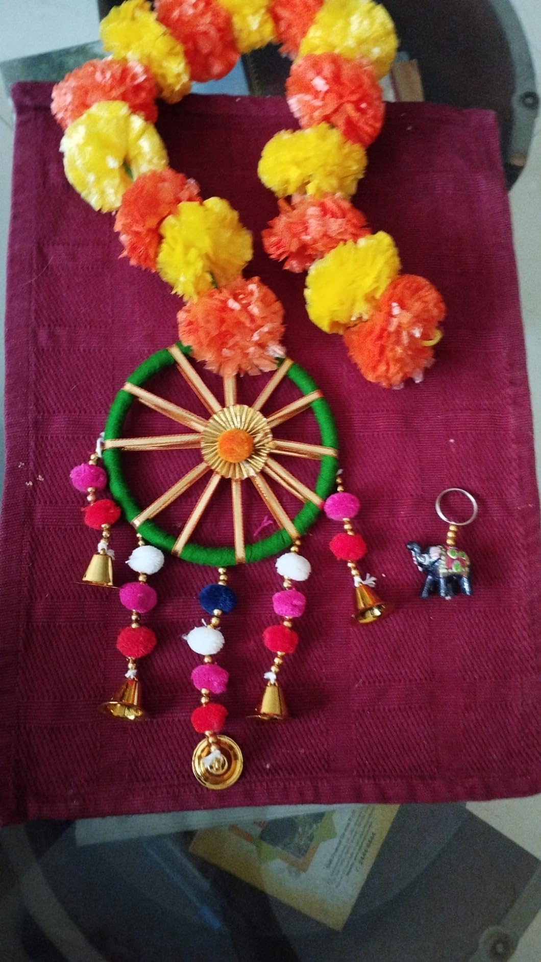 Handmade Artificial Marigold Fluffy Flowers Colorful Woolen Kite Bells Hangings 39 Inches Pack of 6