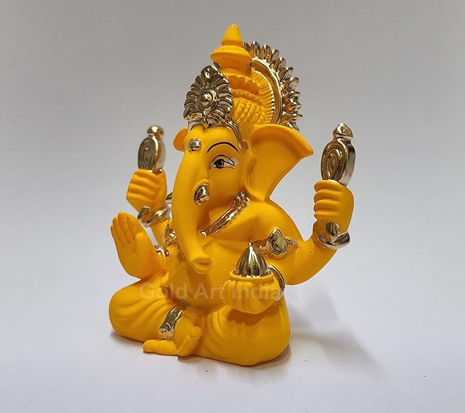 Gold Art India Handcrafted Mango Terracotta Ganesha with Golden Jewelry for Car Dashboard Home Office Decor