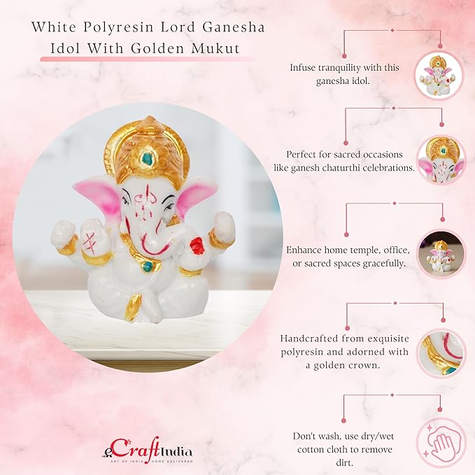 Ecraftindia White Resin Lord Ganesha Idol With Golden Mukut | Lord Ganesha Idol
