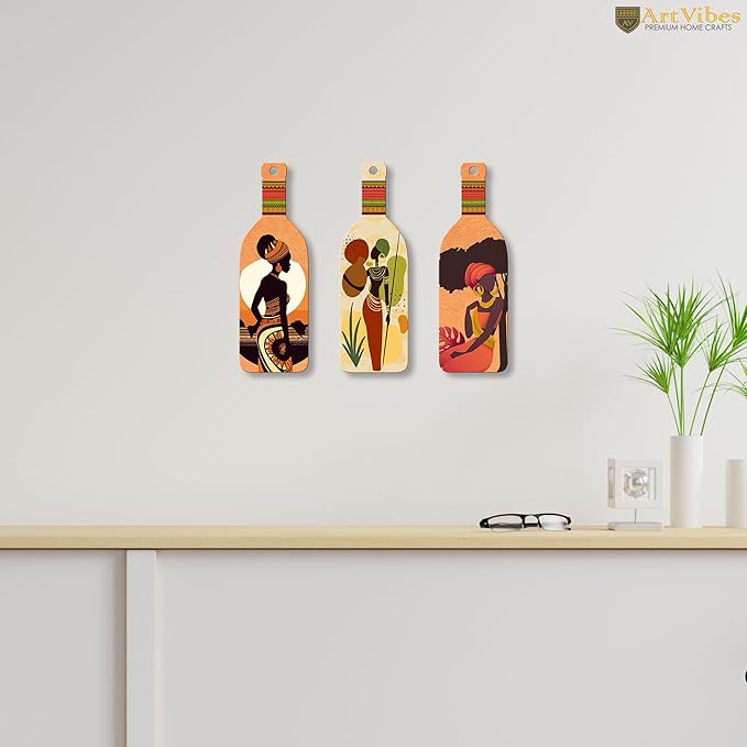 Artvibes African Warli Art Wooden Wall Hanging for Home Decor | Set of 3