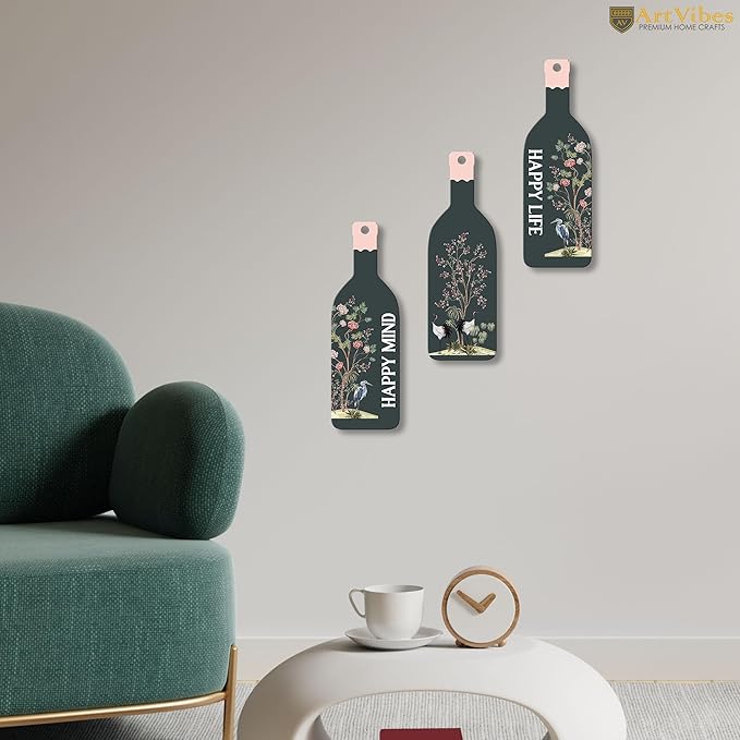 Artvibes Happy Mind Happy Life Wooden Wall Hanging for Home Decor | Decorative Mdf Wall Hanger Artwork | Set of 3