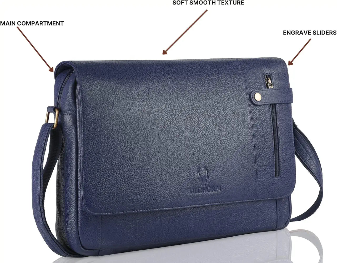 WildHorn Leather Messenger Bag for Men/Office Bag for Men I Padded Laptop Compartment with Adjustable Strap I DIMENSION : L-15 inch W-3 inch H-12 inch