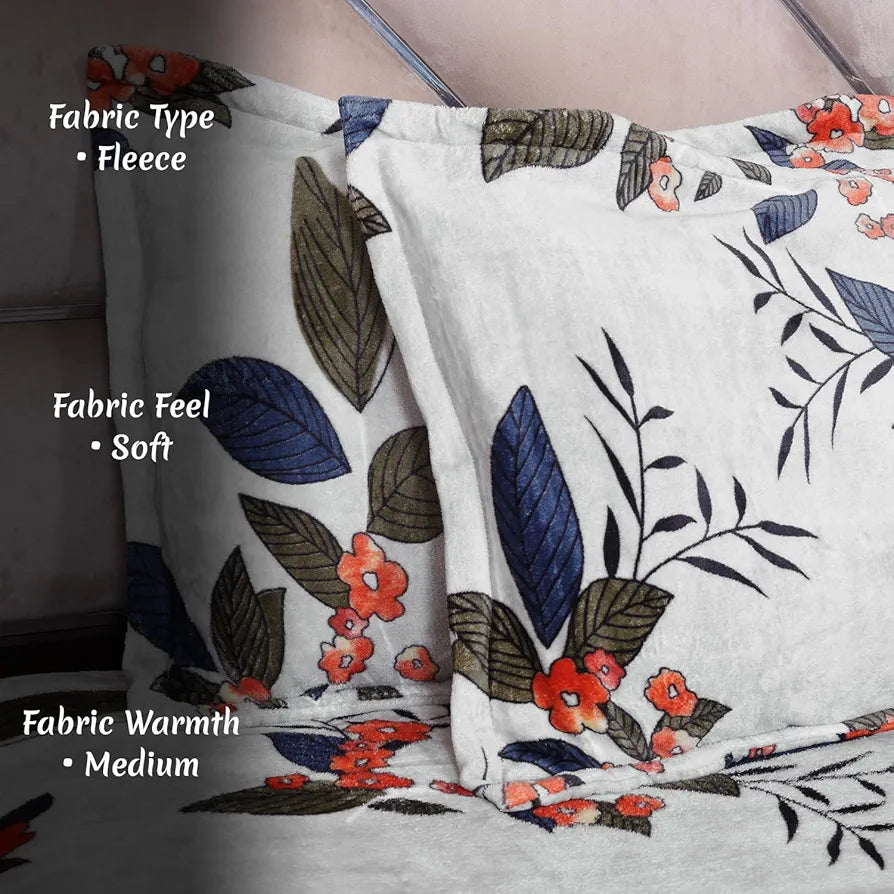 Cloth Fusion Warm Winter Bedsheet for Double Bed King Size with 2 Pillow Covers White Leaf