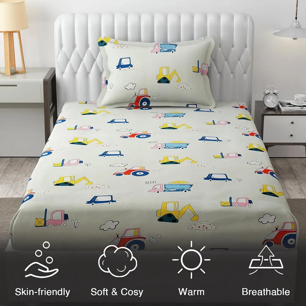 Fresh From Loom Glace Cotton 300 tc Elastic Fitted Bed Sheet With 1 Pillow Cover Cartoon Printed Cream Smallsingle