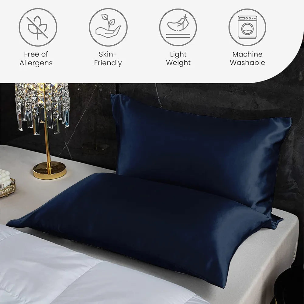 Cloth Fusion Satin Pillow Cover Set of 2 Pillow case with 3 Satin Soft Scrunchies Navy Colour