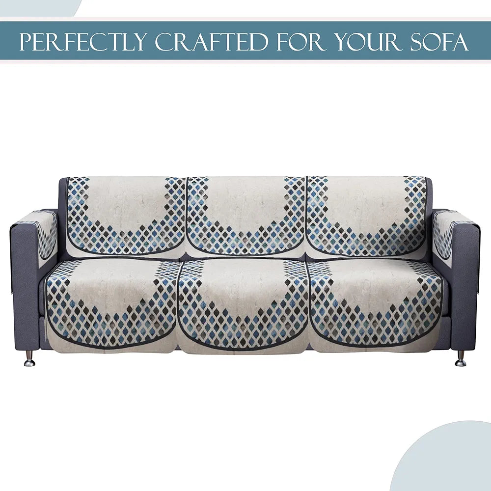 Kuber Industries Set of 16 Velvet Anti-Skid Sofa Cover 5-Seater with Arm Cover Dot Border Grey & Blue