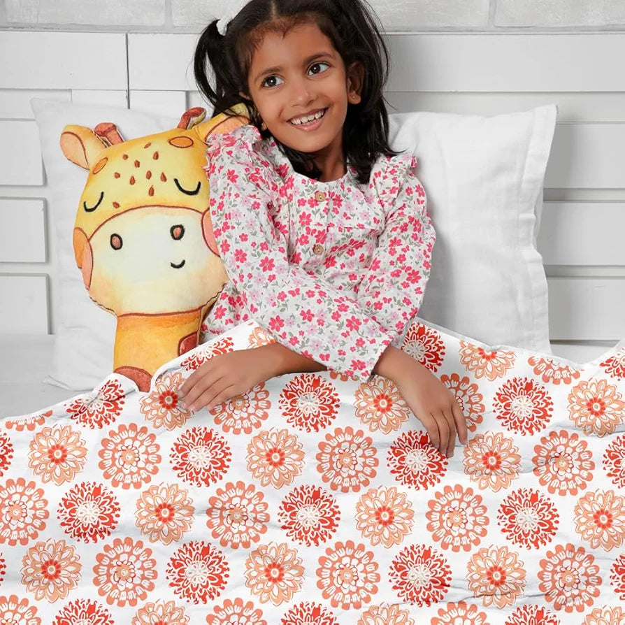 Divine Casa Floret 100% Cotton Single Kids Dohar 120 GSM Soft & Lightweight Throw Blanket Colour Red Orange
