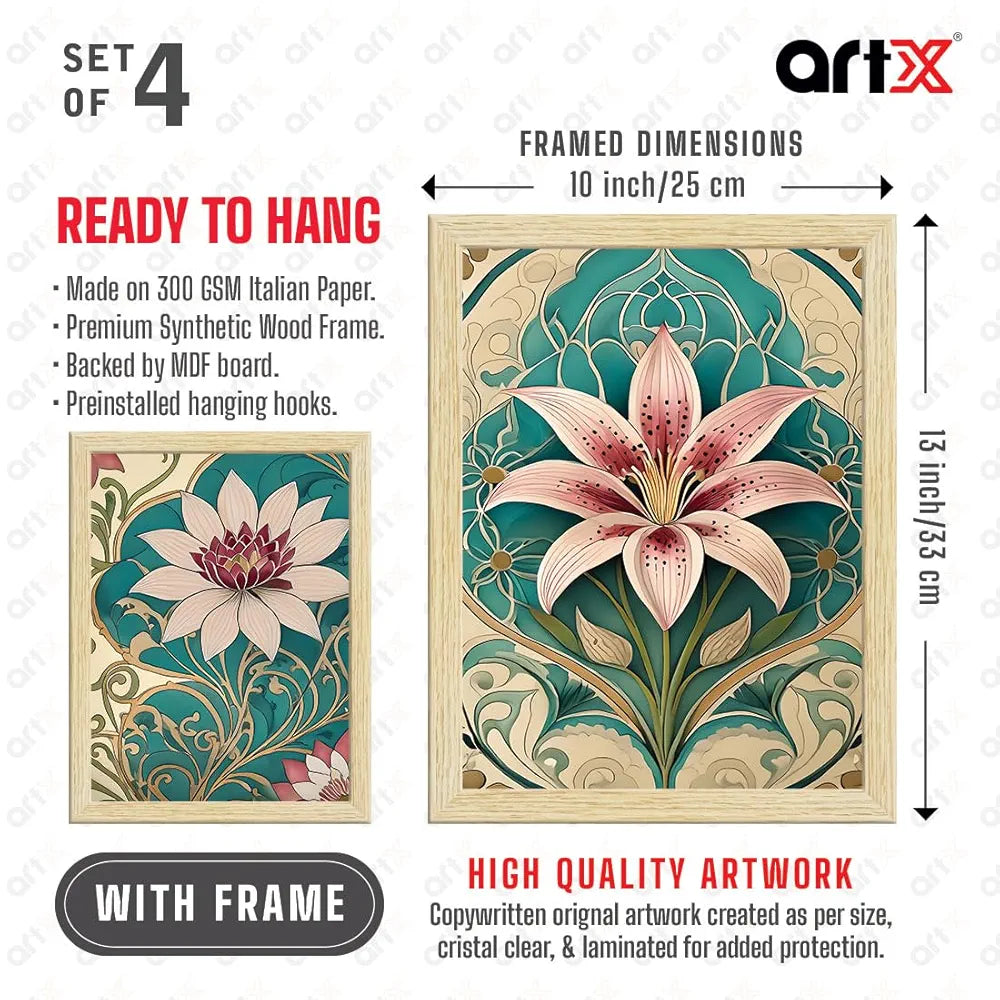 ArtX Paper Lilly Flowers Botanical Art Paintings With Frame Multicolor, Set of 4