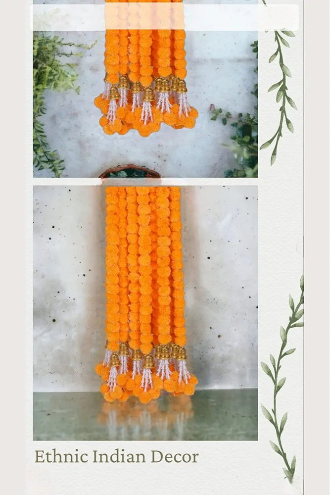 Handmade Artificial Marigold Flower Garland Long Flower Garlands Toran Genda Phool with Bells and Rajnignadha