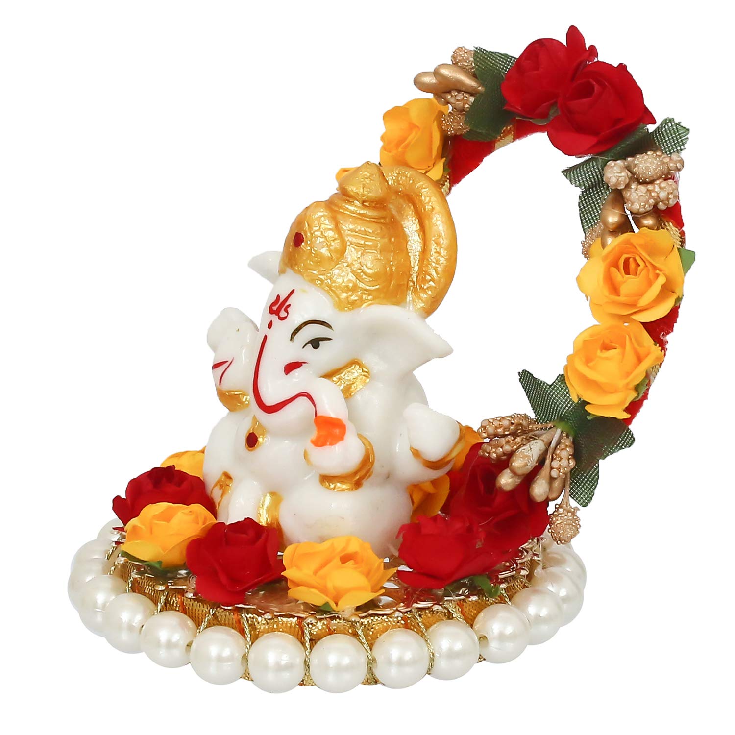 Ecraftindia Resin Lord Ganesha Idol on Decorative Rose Flower Plate | Ganesha Idol for Home Decor