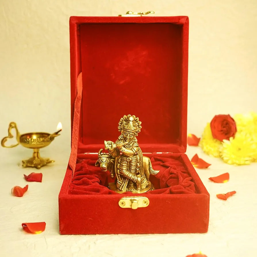 Ekhasa Pure Brass Krishna Murti in Luxury Red Velvet Gift Box God Idols