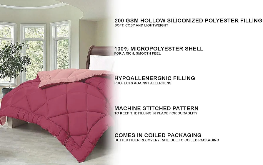 Cloth Fusion Reversible AC Comforter Set Double Bed Soft Microfibre King Size Quilt Blanket for Winter Magenta & Light Pink