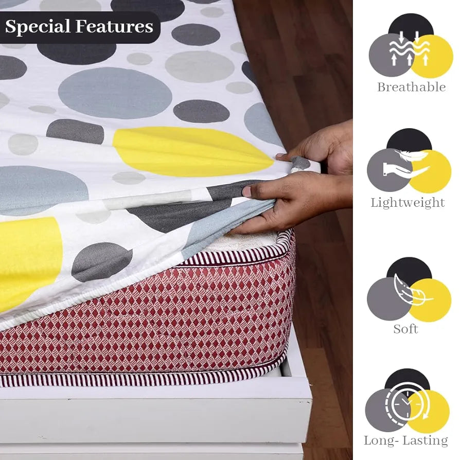 Divine Casa 100% Cotton 144 TC Cotton Elastic Fitted Bedsheets Double Size with 2 Pillow Covers Colour Yellow Gray