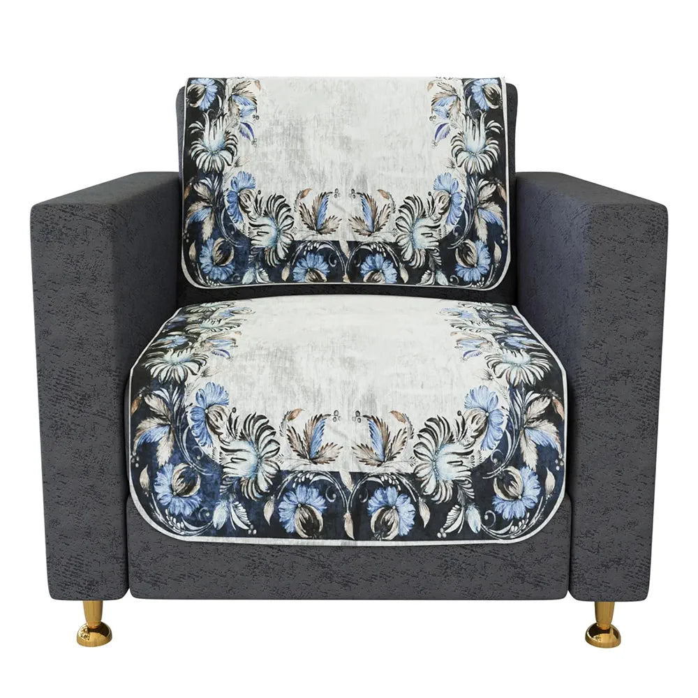Kuber Industries Sofa Cover Set Blue Digital Flower Sofa Cover 5 Seater Couch Cover Gray