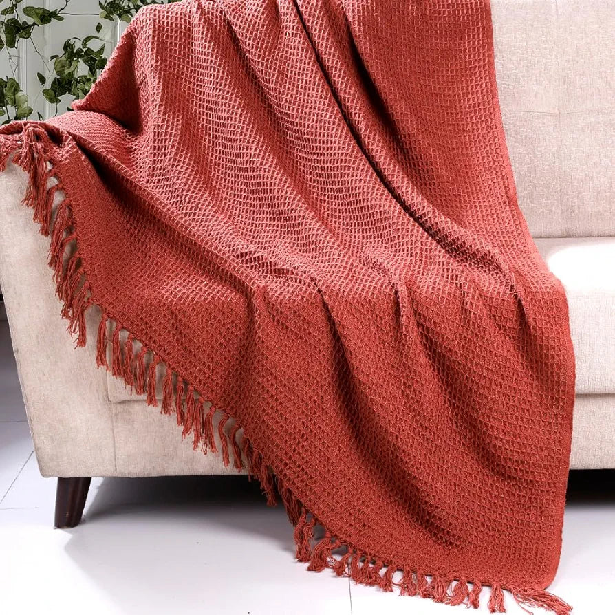 Homadorn Waffle Weave Cotton Throw Blanket Colour Rust