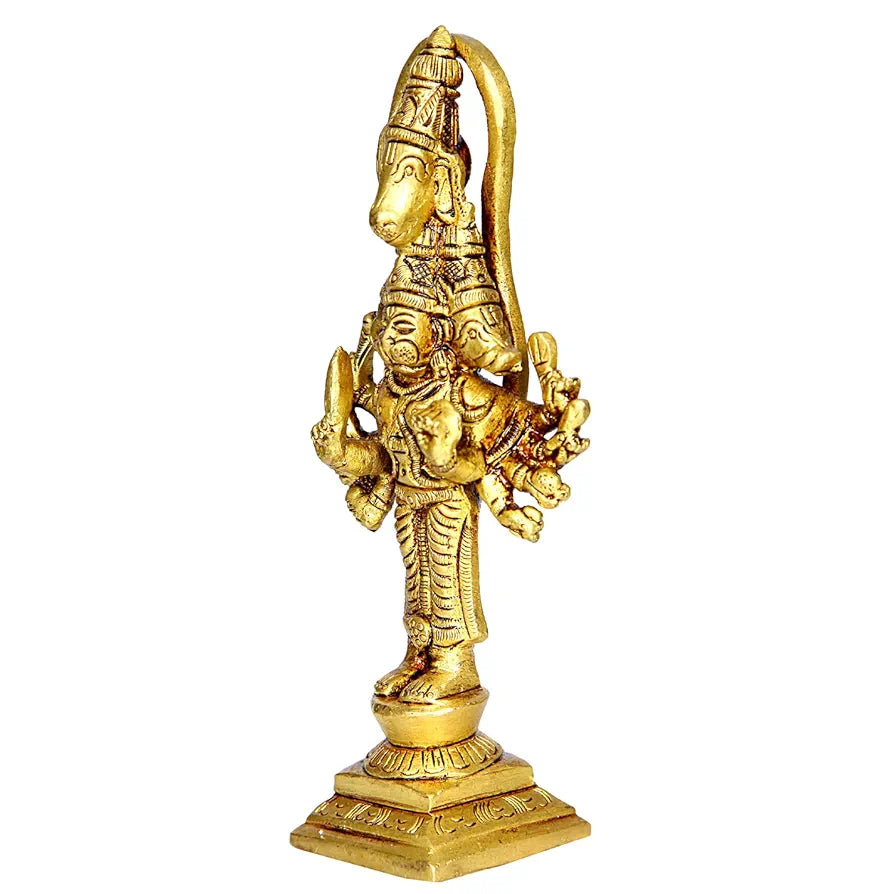 anciently Panchmukha Hanuman Standing Brass Idol | Standing Panchmukhi Hanuman Brass Statue | Standing Brass Panchmukhi Hanuman 13cm Height, Gold Colour