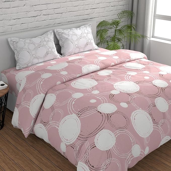 Huesland by Ahmedabad Cotton 144 TC King Size Bedsheet Cotton with 2 Pillow Covers | Sphere | Pastel Peach & Off White