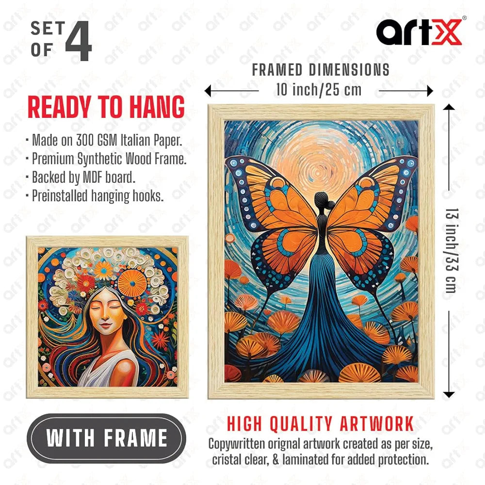 ArtX Paper Women Self Love Butterfly Art Paintings BohoWomen-SO4-01 with Frame Set of 4