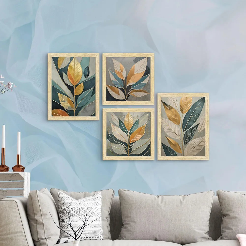 ArtX Paper Golden Leaves Botanical Art Paintings With Frame Set of 4