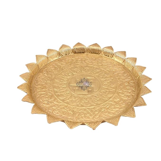 Indian Art Villa Pure Brass Pooja Decorative Thali Plate With Sathiya Floral Embossed Leaf Edge Design Diameter|13.2